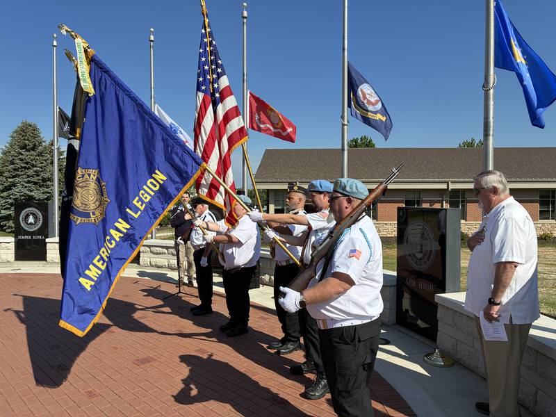The Lake in the Hills American Legion Post 1231 honor guard presented the colors on Monday, May 25, 2026, as part of the rededication of the village's Veterans Memorial.