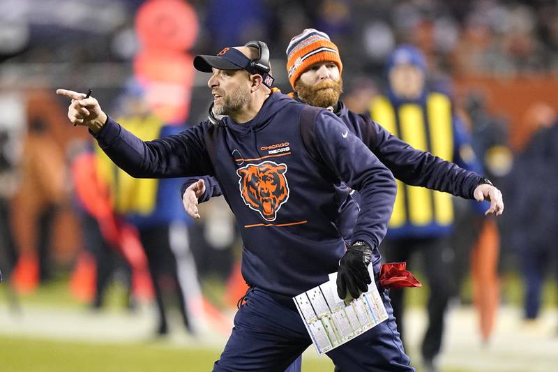 Chicago Bears head coach Matt Nagy points out onto the field during the second half against the Minnesota Vikings Monday, Dec. 20, 2021, in Chicago.