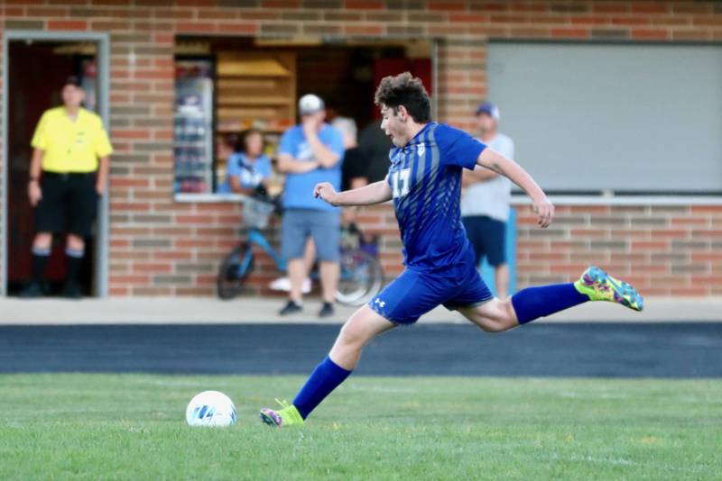 Princeton's Aaron Sergio Cano Consileon winds up for a kick against Alleman Thursday night at Bryant Field. The visiting Pioneers won 8-0.