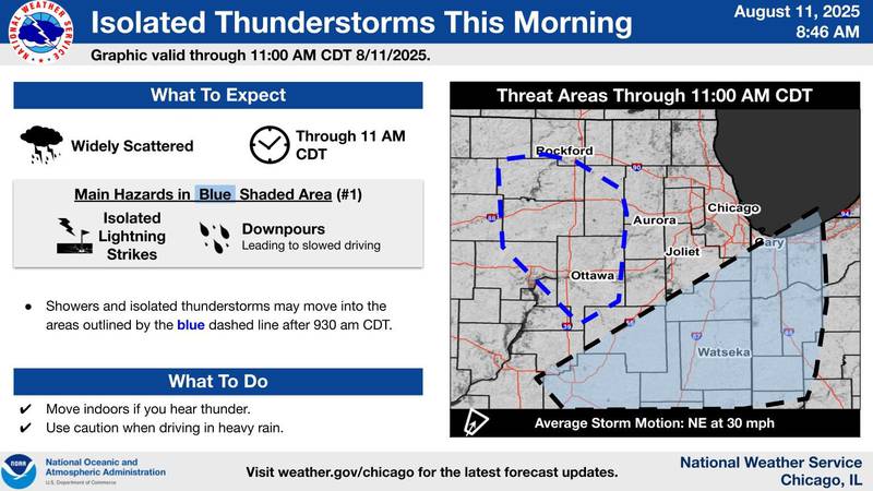 Scattered showers and isolated thunderstorms will occur across the blue shaded area into late morning of Monday, Aug. 11, 2025. Additional isolated storms are possible in the blue dashed area after 9:30 a.m.