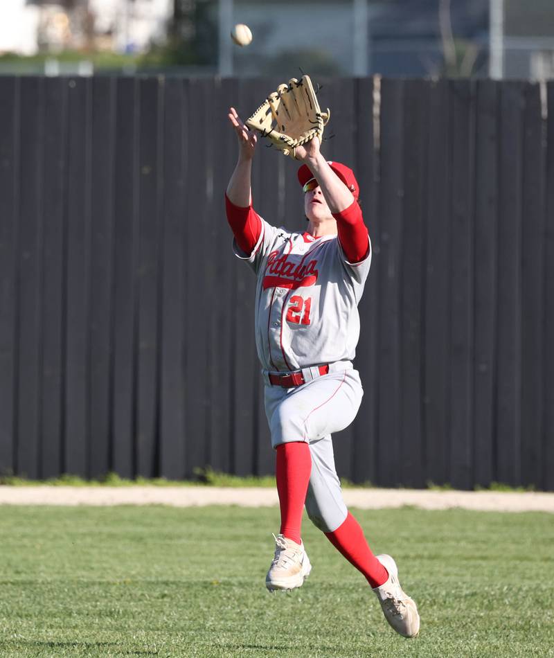 Ottawa's Jace Veith makes a running catch during their game against Sycamore Friday, April 19, 2024, at the Sycamore Community Sports Complex.