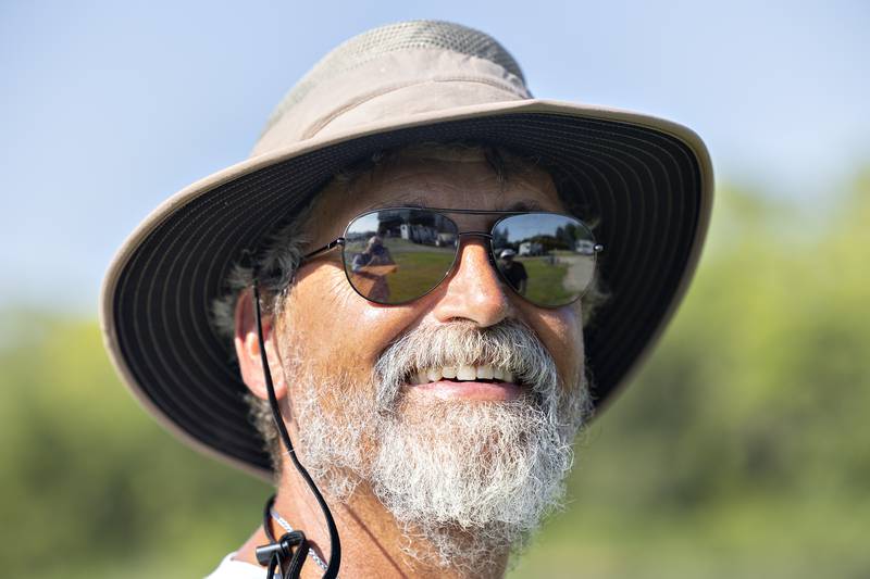 Tim Hickle is making a trek from top to bottom across American. Sticking to trails, paths and county roads, Hickle made a stop over at Crystal Lake Campground in Rock Falls on Friday, Aug. 15, 2025.