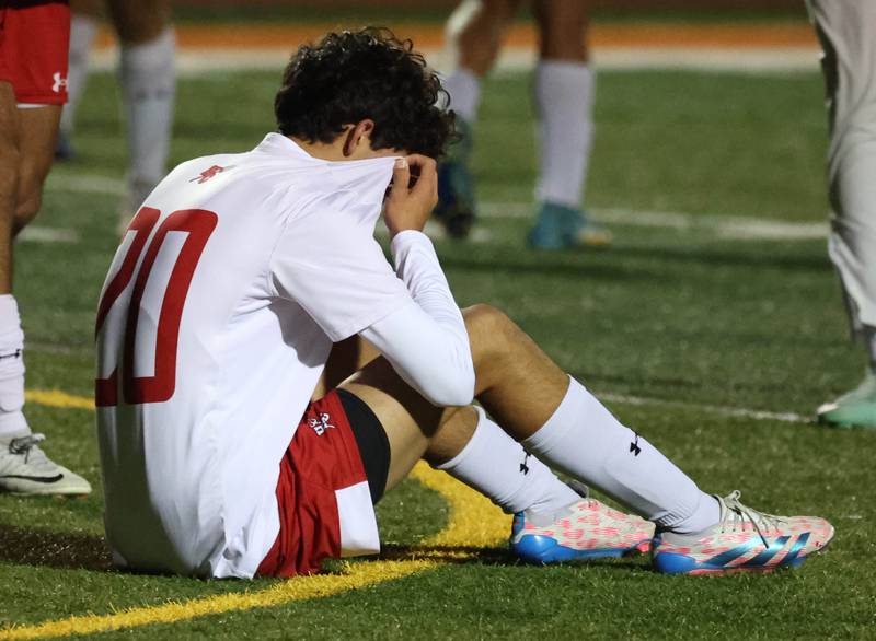 Hinsdale Central's Milan Puri reacts after losing a 1-0 game to Hersey Friday, Nov. 8, 2024, in the Class 3A state semifinal game at Hoffman Estates High School.