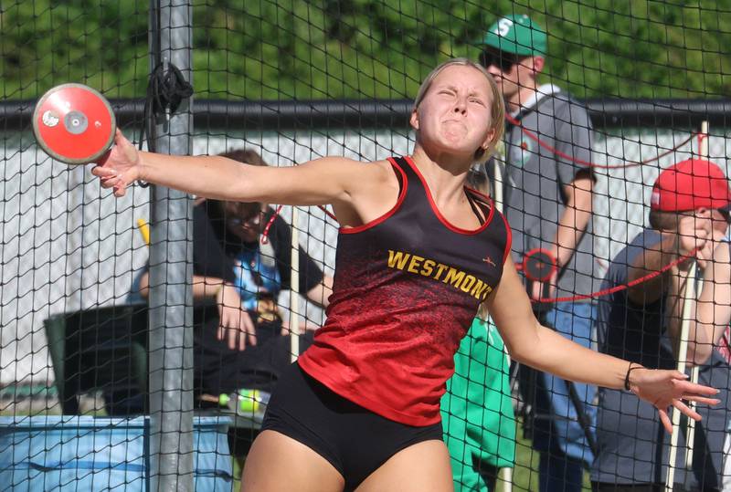 Westmont's Kotryna Vanagas throws discus during the Class 1A Sectional meet on Thursday, May 14, 2026 at Seneca High School.