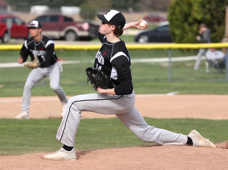 Kaneland's Jackson Kottmeyer delivers a pitch during their game against Sycamore Monday, April 22, 2024, at the Sycamore Community Sports Complex.