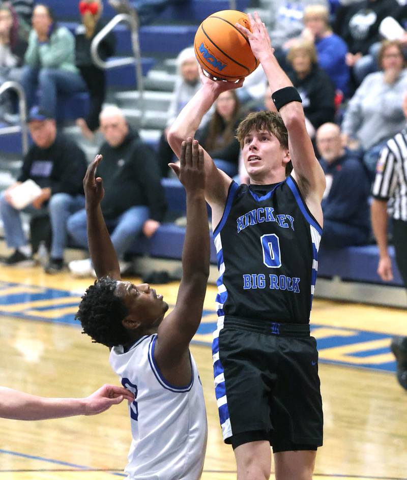 Hinckley-Big Rock's Harrison Nier shoots over Newark's Reggie Chapman Friday, Feb. 6, 2026, during their Little 10 Conference third place game at Somonauk High School.