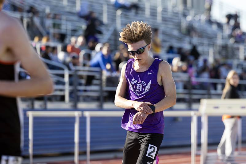 Dixon’s Ethan Carter wins the 3200 run Wednesday, May 20, 2026, at the Rochelle Class 2A boys track sectionals.