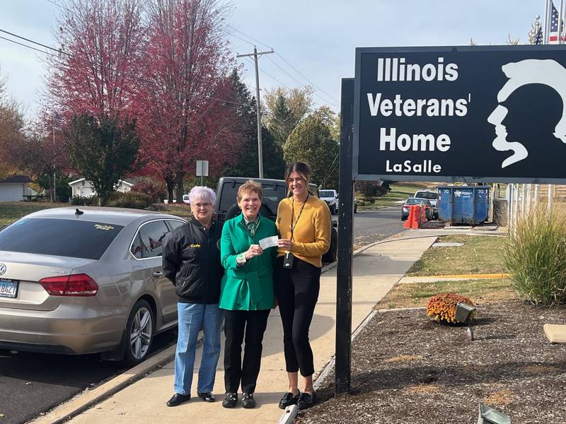 Oglesby American Legion presented a $1,500 donation to the Illinois Veterans Home at La Salle with proceeds from their annual poppy drive. At the presentation on Monday, Oct. 28, 2024, were (from left) American Legion Commander Kathy Lawyer, American Legion Auxiliary President Donna Stickney and Bailie Bongartz of the Veterans Home.