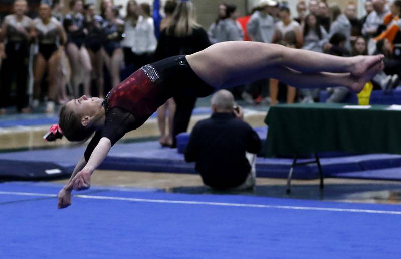 Prairie Ridge’s Gabriella Riley competes in floor exercise Wednesday, Feb. 8, 2023, during  the IHSA Stevenson Gymnastics Sectional at Stevenson High School in Lincolnshire.