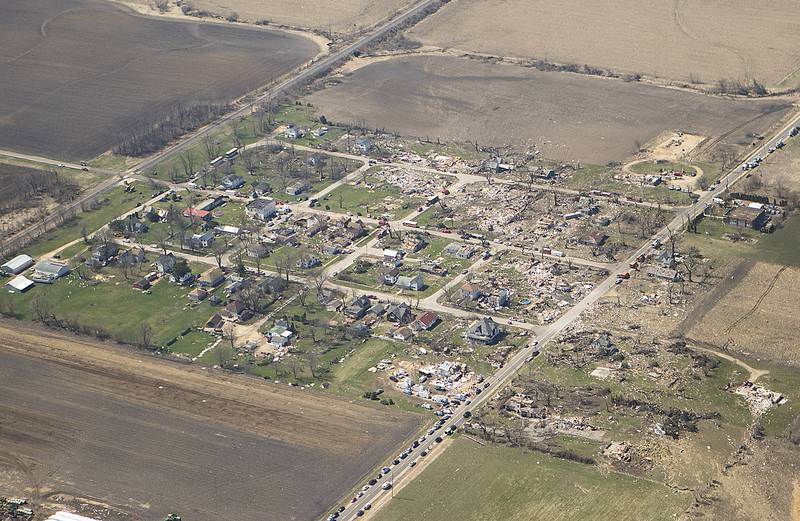 A path of destruction from the wedge tornado Thursday evening left a path of wreckage through the small town of Fairdale in DeKalb County on Friday, April 10, 2015. Seventeen houses were leveled off the foundations, 11 people were transported, and two women confirmed dead after the tornado hit Fairdale around 7:15 p.m.