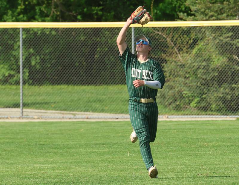 St. Bede's Geno Dinges makes a running fly ball catch on Tuesday, April 28, 2026 at Masinelli Field in Ottawa.