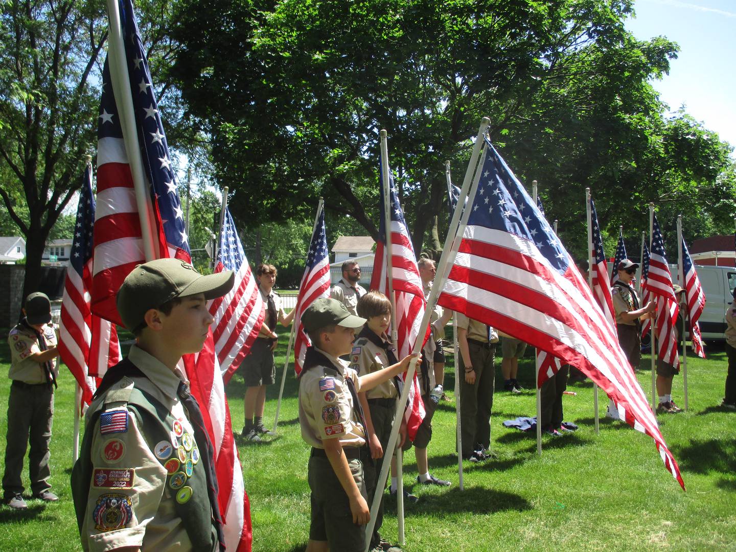 Yorkville Scouts display a phalanx of American flags for the Memorial Day ceremonies on May 29, 2023 in Town Square Park.