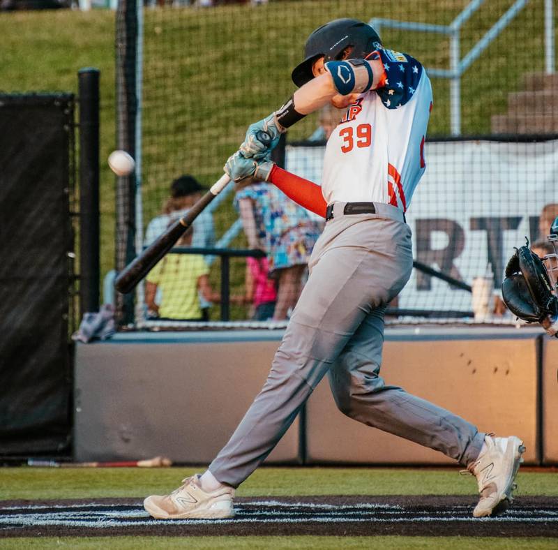 Nick Weaver hits the ball during the Illinois Valley Pistol Shrimp's 8-6 win over the Cape Catfish on Saturday, June 15, 2024 in Cape Giradeau, Mo.