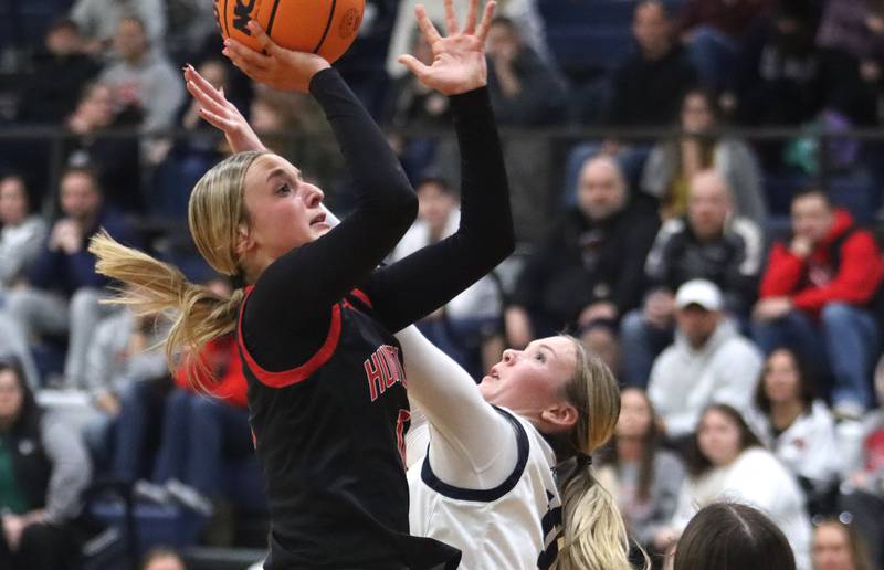 Huntley’s Anna Campanelli works under the hoop in varsity girls basketball on Friday, Jan. 24, 2025, at Cary-Grove High School in Cary.
