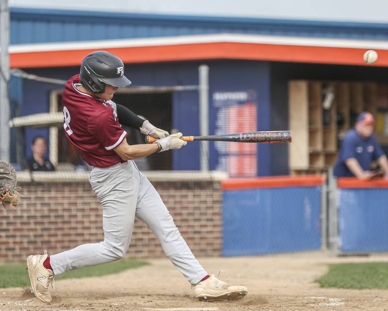 Plainfield North's Max Barriball (8) connects on a pitch during baseball game between Plainfield North at Oswego, Thursday, April 24, 2025 in Oswego.