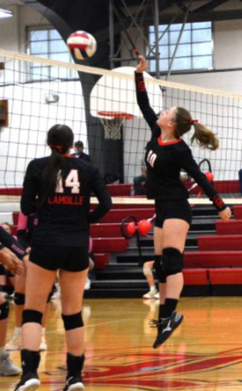 LaMoille senior Olivia Sadnick makes a play at the net in Thursday's Senior Night match against Galva. The Lions fell in two games.
