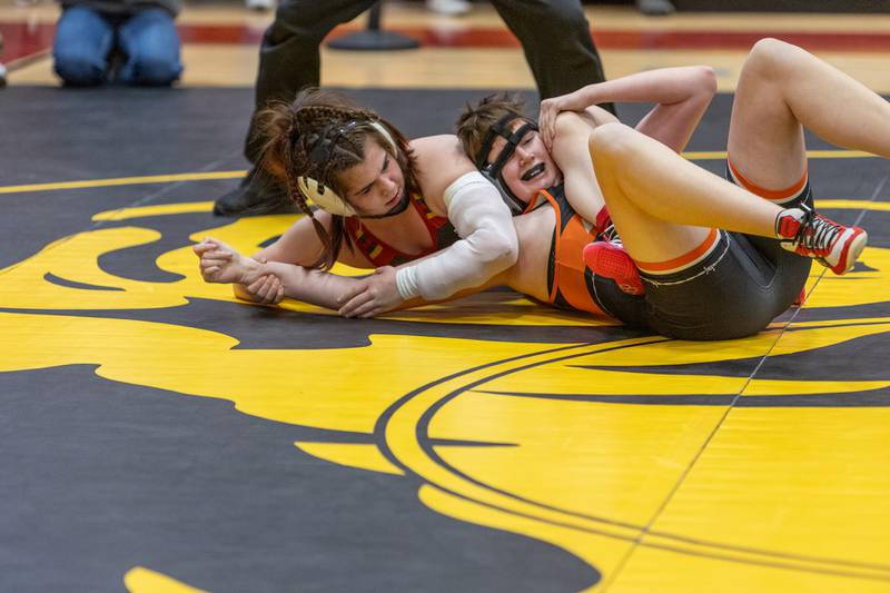 Batavia's Caoimhe Mitchell competes with DeKa;b's Gabbi Wasmund in the 170 lb class at the Batavia Girl's Invitational on Friday, Jan. 16,2026 in Batavia.