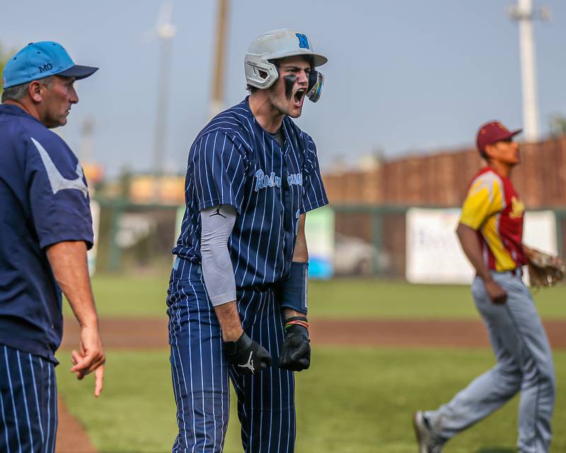 Nazareth's David Cox (27) reacts after sliding into third base during Class 3A Crestwood Supersectional game between Lindblom at Nazareth.  June 5, 2023.