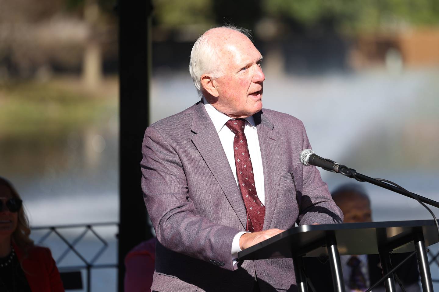 Joliet City Council member Pat Mudron speaks at the rededication of the Gardens and Arbors along North 129th Infantry Drive on Tuesday, Oct. 8, 2024 in Joliet.