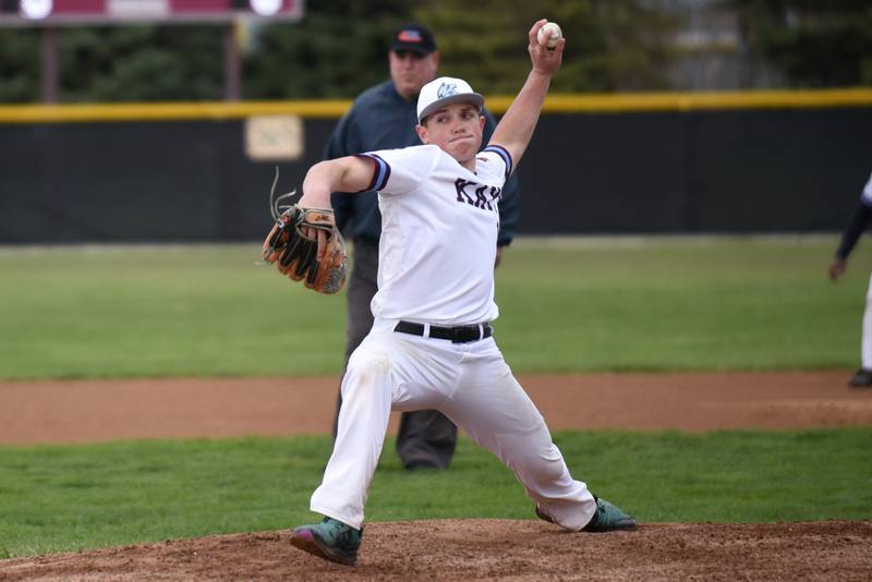 Kankakee's Jacob Vinardi throws a pitch during a home game against Thornwood Thursday, April 17, 2025.