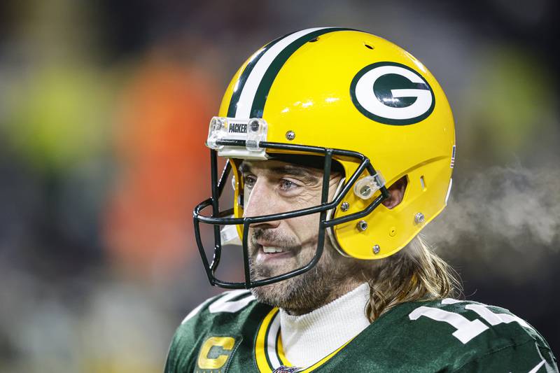 Green Bay Packers quarterback Aaron Rodgers warms up before facing the Minnesota Vikings on Sunday, Jan 2. 2022, in Green Bay, Wis.