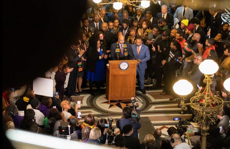 Hundreds rally around the Illinois Legislative Black Caucus as they deliver remarks following Governor JB Pritzker's budget address