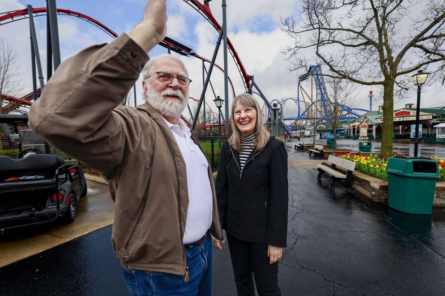 Dave Ross and wife, Cheryl, a Gurnee village trustee, visit Six Flags Great America in advance of its 50th season opening. Cheryl grew up in town and her late father as mayor was involved in initial talks with Marriott Corporation.