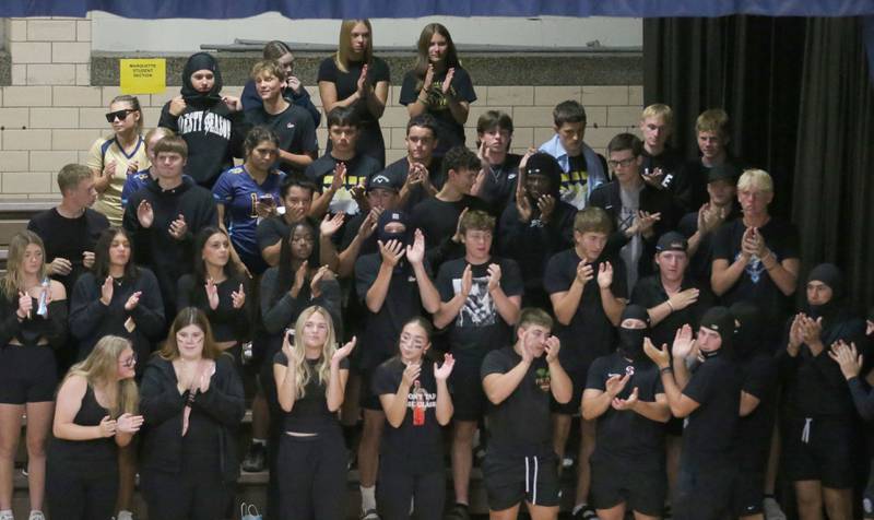 Marquette fans cheer on the volleyball team as they play Newark on Wednesday, Aug. 27, 2025 in Bader Gymnasium.