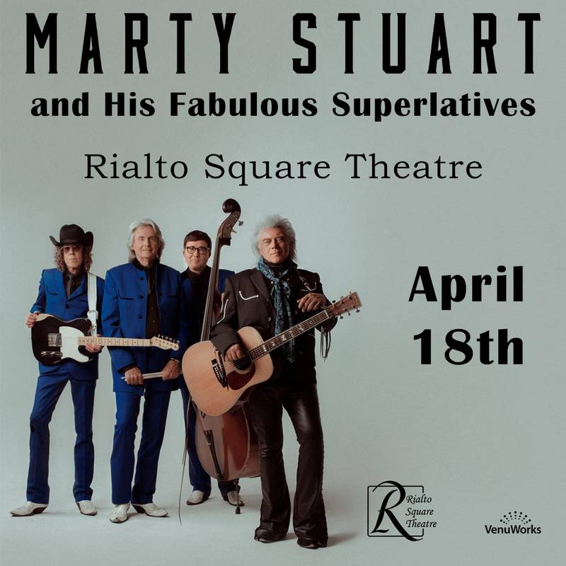 Country music Hall of Famer Marty Stuart and His Fabulous Superlatives will perform at the Rialto Square Theatre in Joliet on April 18, 2024.