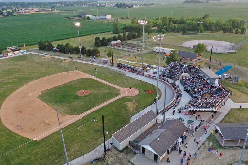 An aerial view of the Illinois Valley Pistol Shrimp baseball game at Schweickert Stadium on Tuesday, June 20, 2023 in Peru. on Tuesday, June 20, 2023