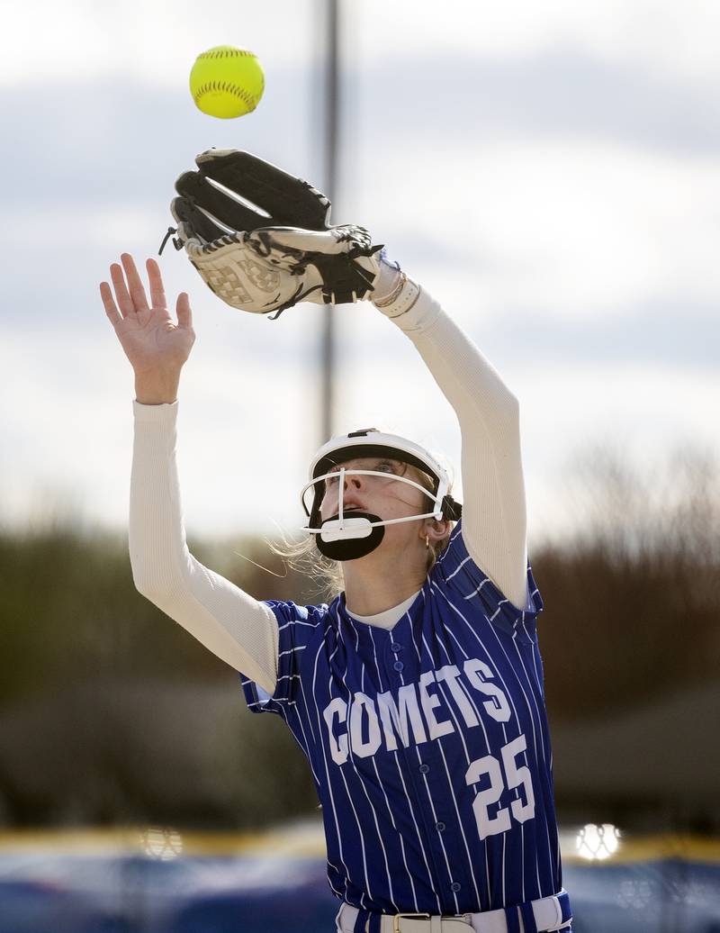 Newman’s Claire Von Holten camps under a pop-up against Hall Monday, April, 21, 2025.