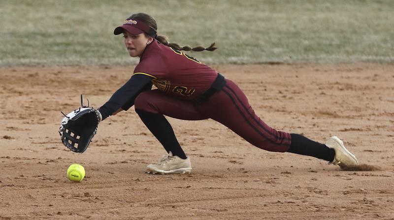 Richmond-Burton’s Adriana Portera tries to field the ball during a non-conference softball game against Cary-Grove Tuesday, March 21, 2023, at Cary-Grove High School.