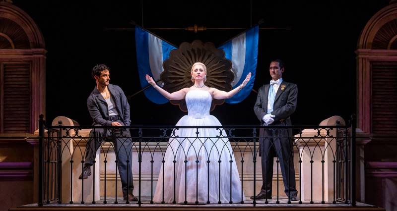 Richard Bermudez (Che, from left), Michelle Aravena (Eva), and Sean MacLaughlin (Peron) star in the Andrew Lloyd Webber-Tim Rice musical "Evita," playing at the Drury Lane Theatre in Oakbrook Terrace through March 20.