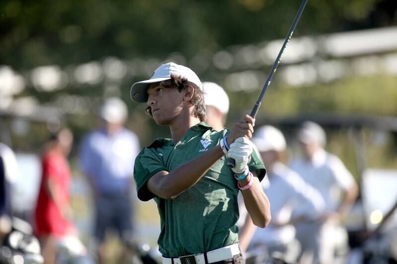 Waubonsie Valley’s Arjun Iyengar tees off during the Class 3A Plainfield North Boys Golf Sectional at Whitetail Ridge Golf Course in Yorkville on Monday, Oct. 2, 2023.