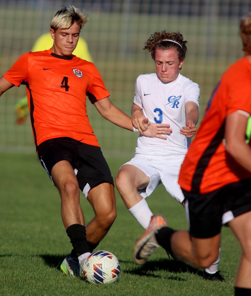 Burlington Central’s Zach Batani, right, battles Crystal Lake Central’s Alvaro Manzano in varsity soccer on Thursday Sept. 26, 2024, at Crystal Lake Central High School in Crystal Lake.
