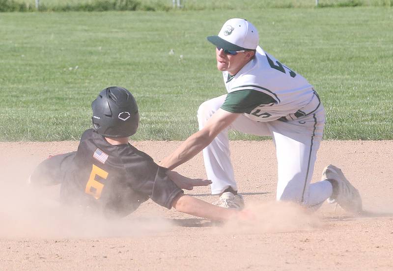 St. Bede's Sturart McGunnigal tags out Putnam County's Maddox Poole trying to steal second base on Thursday, May 8, 2025 at St. Bede Academy.