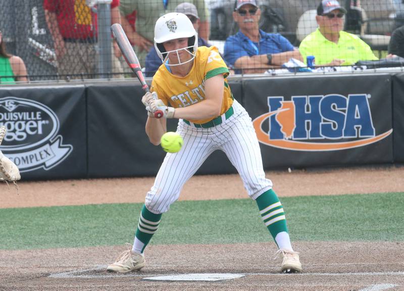 Providence Catholic's Bella Olszta watches strike three cross the plate while facing Chatham during the Class 3A State finals game on Saturday, June 14, 2025 at the Louisville Slugger Sports Complex in Peoria.