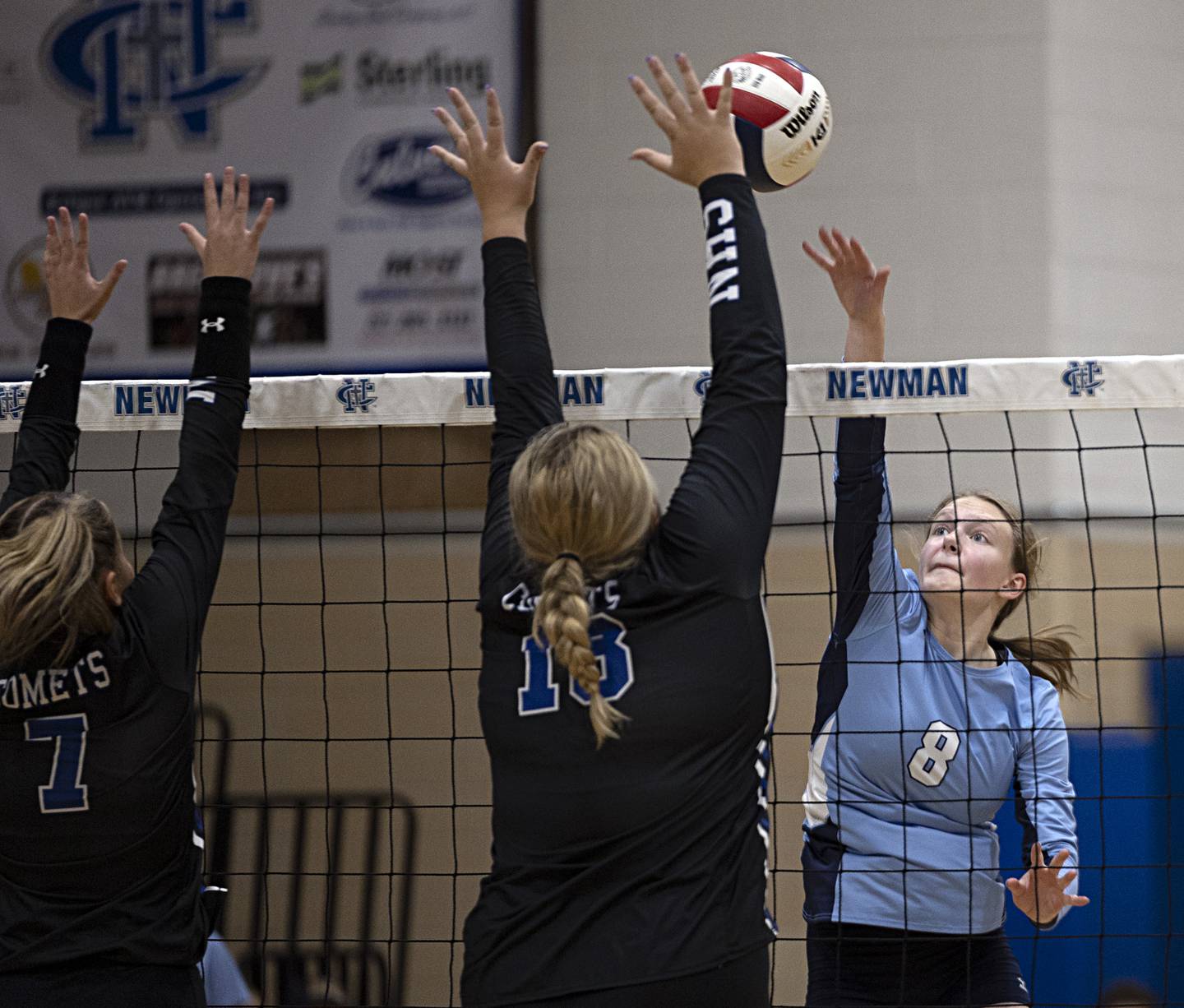 Bureau Valley’s Taylor Neuhalfen hammers a shot against Newman Thursday, Sept. 28, 2023 at Newman.