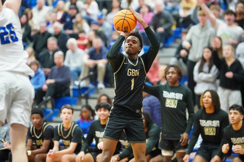 Glenbard North's Lamari Carpenter (1) shoots a 3-pointer against Geneva during a class 4A Geneva Regional final basketball game at Geneva High School on Friday, Feb. 28, 2025.