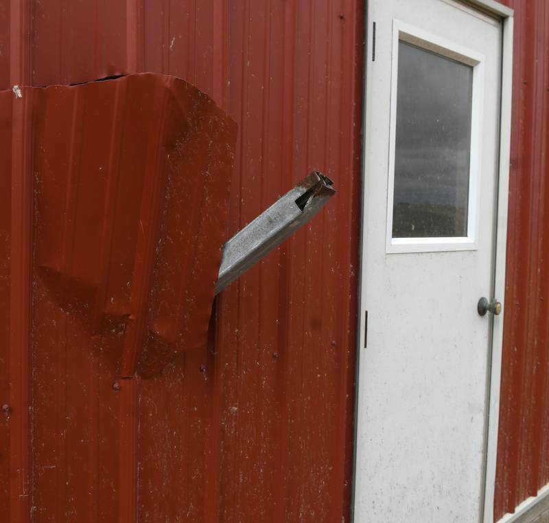A piece of metal punctured the side of this large machine at Ludwig Family Farms.
