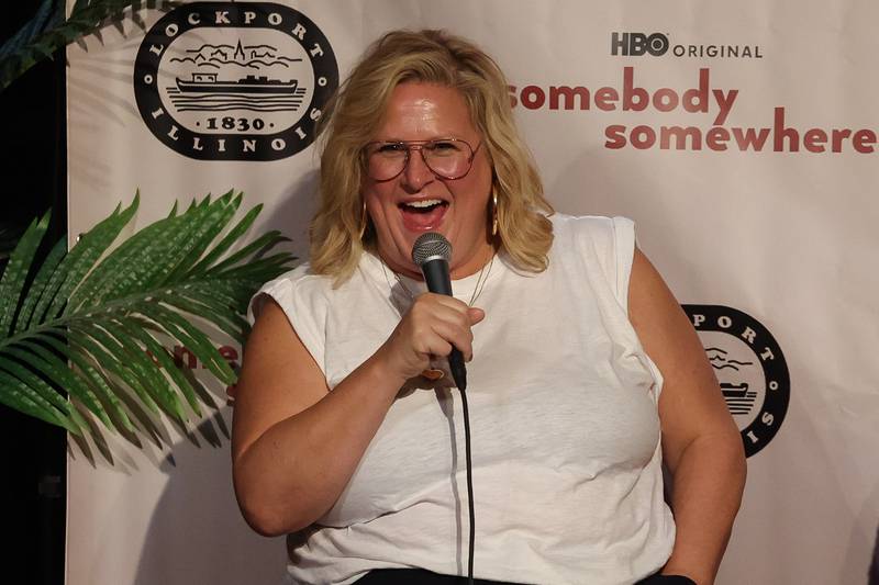 Actor Bridget Everett has a laugh with the crowd during a question and answer session at the HBO premiere of Somebody Somewhere at Roxy Lockport on Wednesday, Oct. 30, 2024 in Lockport.