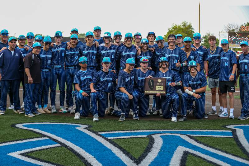 Nazareth poses with the Class 3A Crestwood Supersectional game plaque after defeating Lindblom.  June 5, 2023.