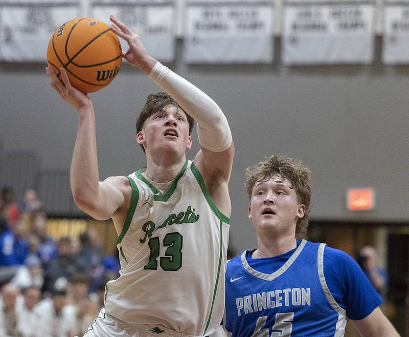 Rock Falls’ Ryken Howard puts in a bucket against Princeton Friday, March 7, 2025, in the Class 2A boys basketball Sectional final in Marengo.
