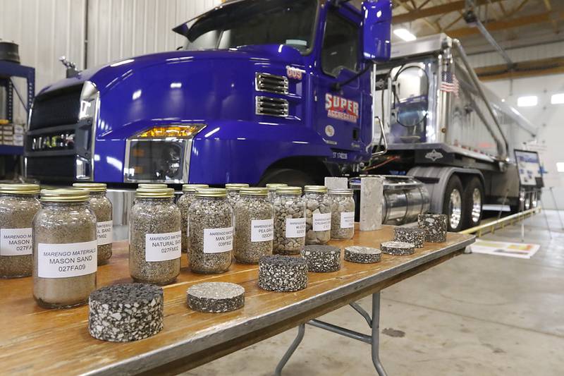 Gravel and sand samples on display during the McHenry County Sand and Gravel Mining Tour on Thursday, Oct. 12, 2023. The tour brought McHenry County board members, township and village officials on a four hour trip to visit operating mines on Route 23 in Marengo and to former sites now reclaimed for housing, recreation in Algonquin and Cary.