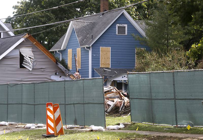 The remains of homes in and near the 300 block of Lincoln Avenue on Tuesday, October 10, 2023, after an explosion following a gas leak in the area leveled one home as caused several fires.