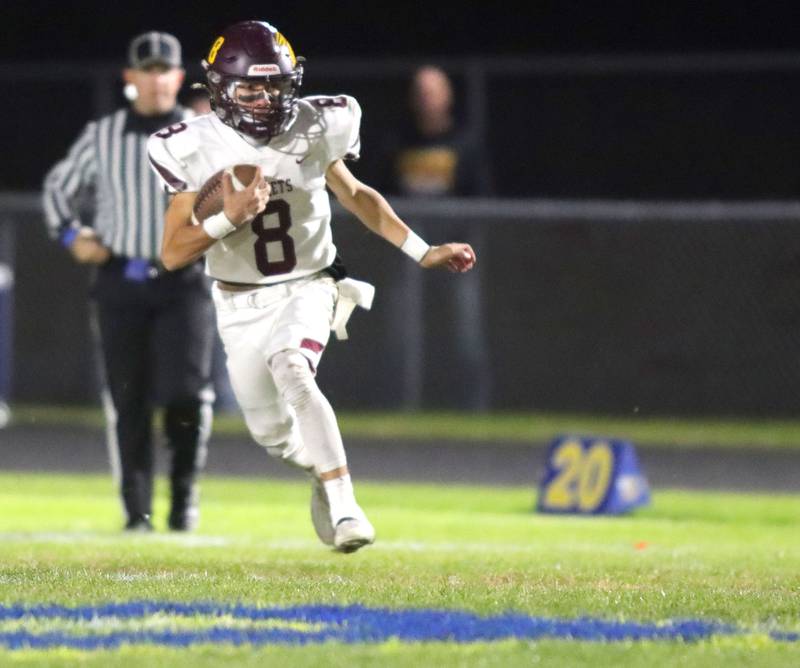Richmond-Burton’s Joseph Larsen makes a long punt return run against Aurora Central Catholic in IHSA football Class 3A second-round playoff action at Bob Stewart Field on the campus of Aurora Central Catholic High School in Aurora on Friday, November 7, 2025.
