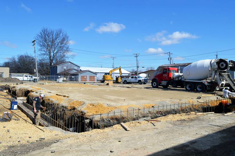 Construction recently started on the new municipal building for the city of Polo and Buffalo Township, located at 118 N. Franklin Ave. Here, workers pour concrete and work on the base of the $1.93 million building on Wednesday, March 6, 2024.