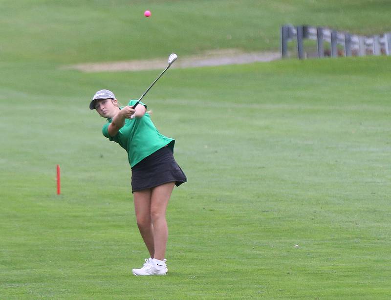 Senica's Julia Hogan hits toward the 7th hole during the Class 1A Regional golf meet on Thursday, Sept. 28, 2023 at Spring Creek Golf Course in Spring Valley.