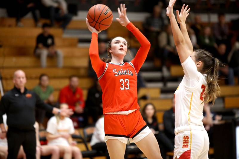 St. Charle East’s Sofia O’Sullivan shoots the ball during a game at Batavia on Thursday, Feb. 1, 2024.