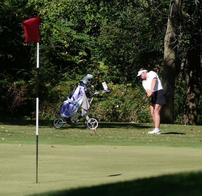 Morrison's Sarah Wetzell chips on to a green at the 1A regional at Wolf Hollow Golf Course in Lena on Tuesday, Oct. 1, 2024. Wetzell was the sole golfer for Morrison.